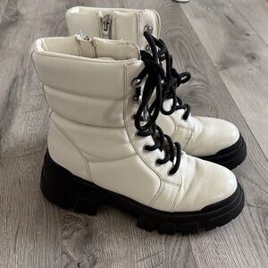 Marc Fisher White Leather Combat Boots with Black Lug Sole